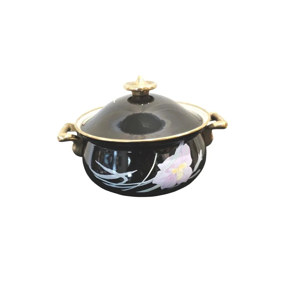 Mikasa Black Enamel Dutch‎ Oven, Floral Iris Pattern, Lidded Pot, Japanese Made